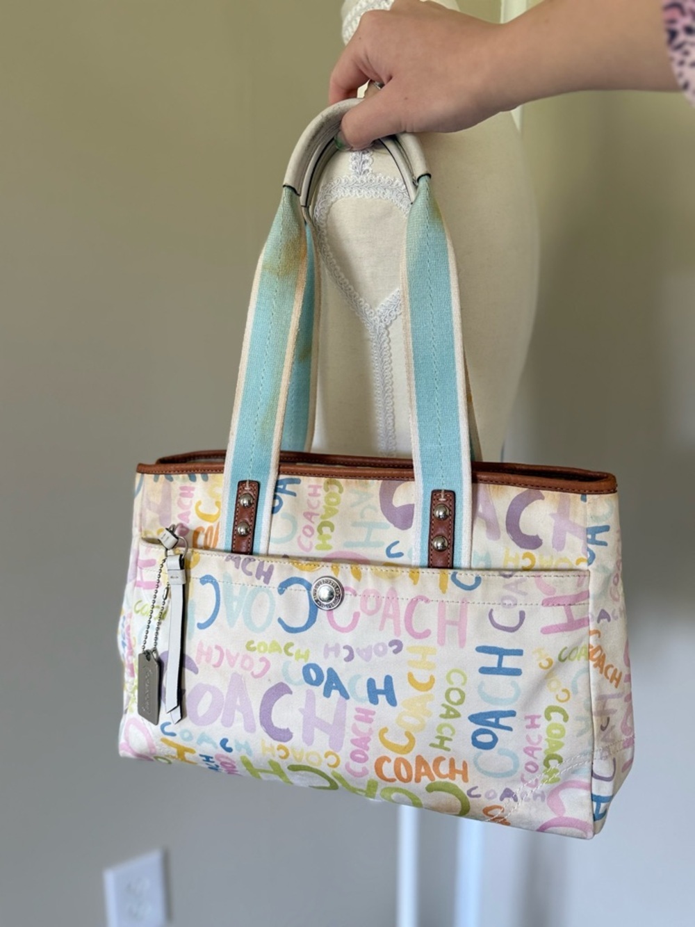 Vintage Coach Hampton Signature Scribble Graffiti Daisy Tote Pastel Patchwork